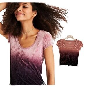 American Eagle Ombre Crushed Velvet Short Sleeve Top Pink Purple S Whimsigoth